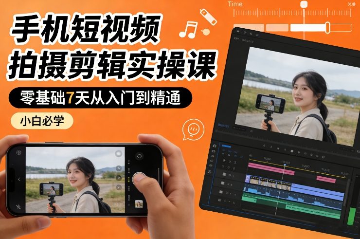 手机短视频拍摄剪辑实操课，零基础7天从入门到精通，小白必学力繁信息站-闲云创业网-老谢轻创网-中创网-福缘网-冒泡网-资源之家-魔方项目库力繁信息站