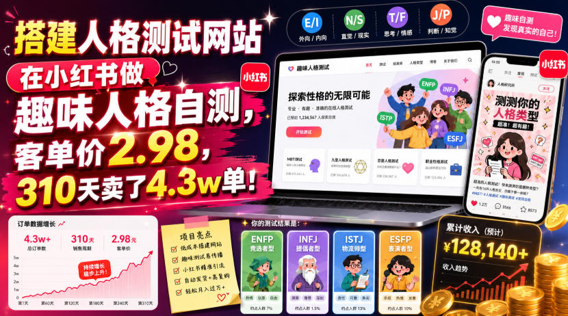 搭建人格测试网站在小红书做趣味人格自测，客单价2.98，310天卖了4.3w单！力繁信息站-闲云创业网-老谢轻创网-中创网-福缘网-冒泡网-资源之家-魔方项目库力繁信息站