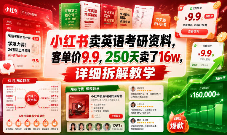小红书卖英语考研资料,客单价9.9,250天卖了16w,详细拆解教学力繁信息站-闲云创业网-老谢轻创网-中创网-福缘网-冒泡网-资源之家-魔方项目库力繁信息站