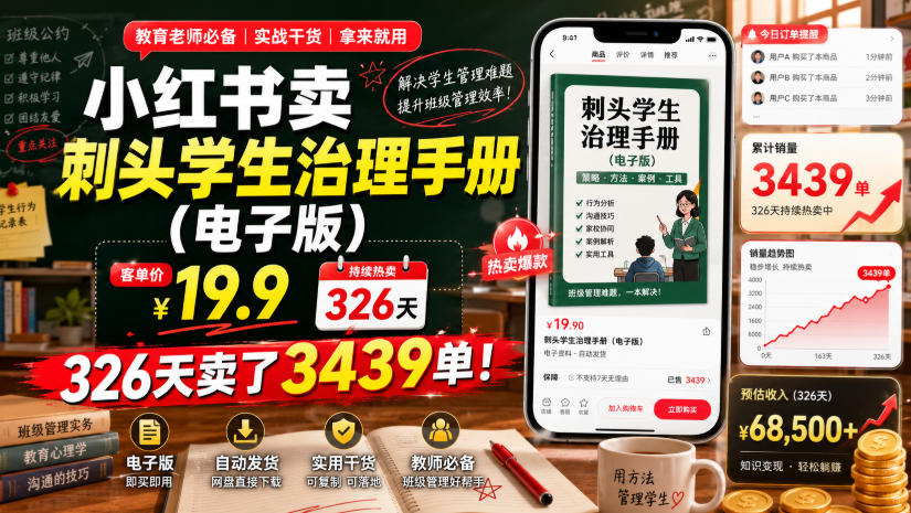 小红书卖刺头学生治理手册(电子版),客单价19.9,326天卖了3439单!力繁信息站-闲云创业网-老谢轻创网-中创网-福缘网-冒泡网-资源之家-魔方项目库力繁信息站