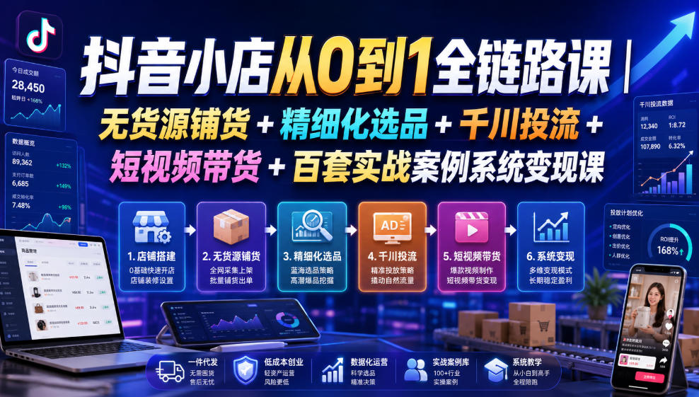 抖音小店从0到1全链路课|无货源铺货+精细化选品+千川投流+短视频带货+百套实战案例系统变现课(2026年7月更新)力繁信息站-闲云创业网-老谢轻创网-中创网-福缘网-冒泡网-资源之家-魔方项目库力繁信息站