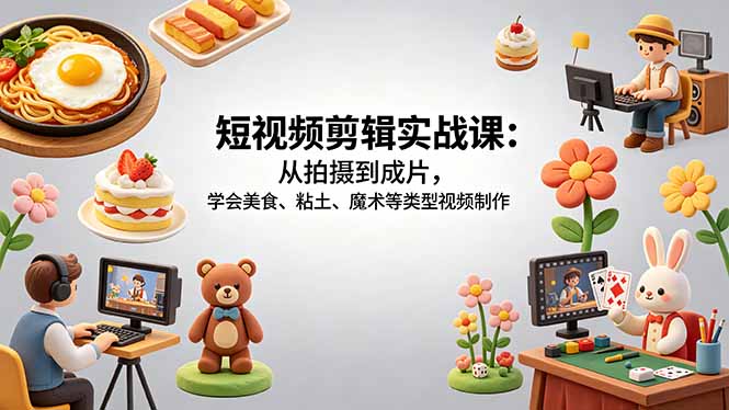 短视频剪辑实战课：从拍摄到成片，学会美食、粘土、魔术等类型视频制作力繁信息站-闲云创业网-老谢轻创网-中创网-福缘网-冒泡网-资源之家-魔方项目库力繁信息站