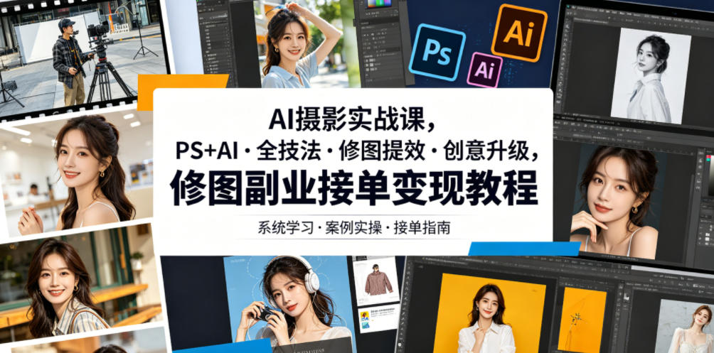 AI摄影实战课,PS+AI・全技法・修图提效・创意升级,修图副业接单变现教程力繁信息站-闲云创业网-老谢轻创网-中创网-福缘网-冒泡网-资源之家-魔方项目库力繁信息站