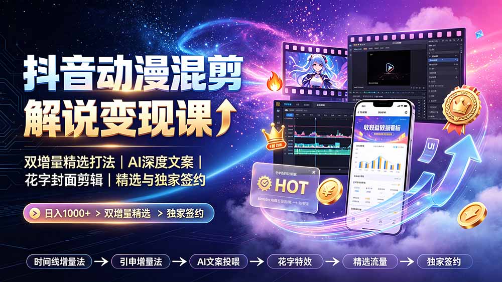 抖音动漫混剪解说变现课:双增量精选打法|AI深度文案|花字封面剪辑| 精选与独家签约日入1000+力繁信息站-闲云创业网-老谢轻创网-中创网-福缘网-冒泡网-资源之家-魔方项目库力繁信息站