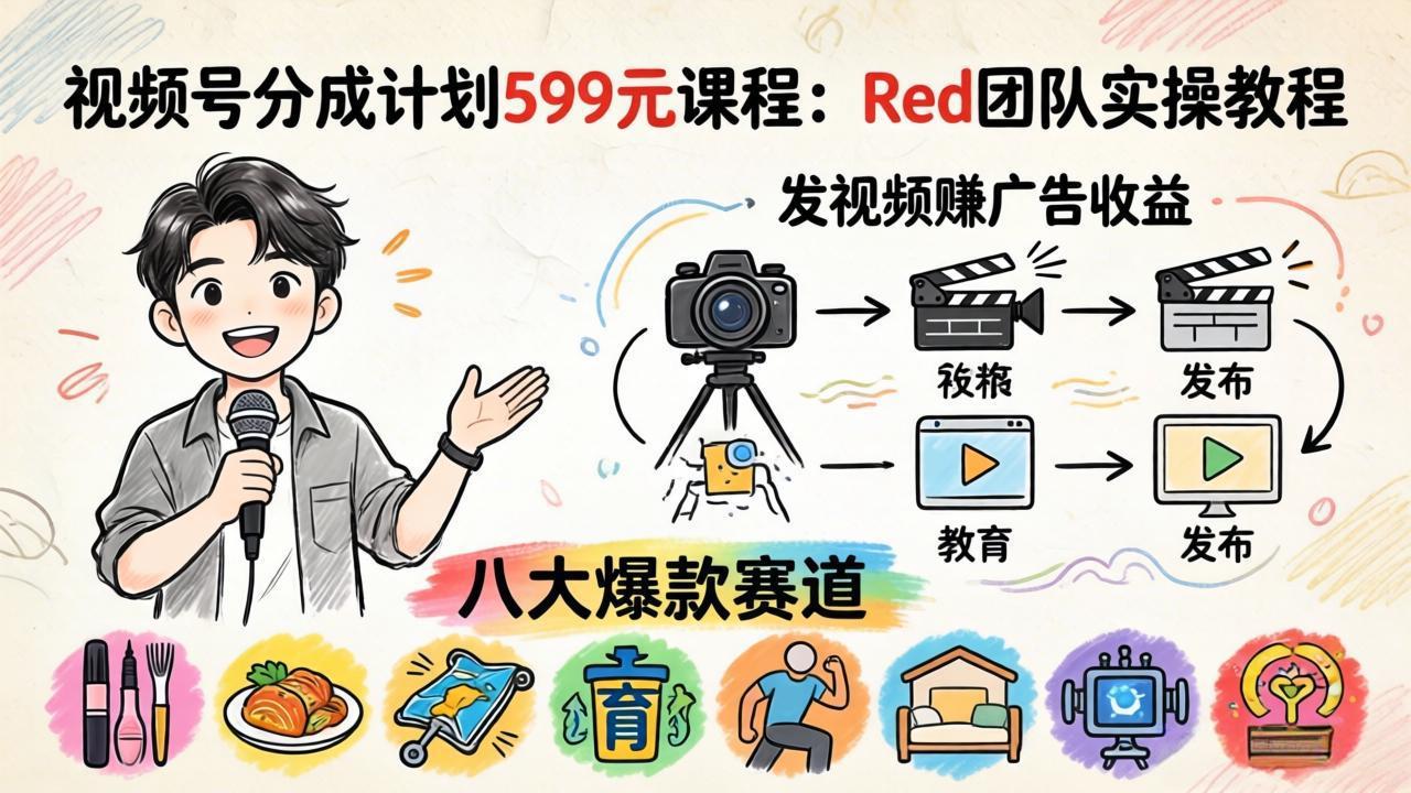 视频号分成计划599元课程：Red团队实操教程，发视频赚广告收益，八大爆款赛道全掌握力繁信息站-闲云创业网-老谢轻创网-中创网-福缘网-冒泡网-资源之家-魔方项目库力繁信息站