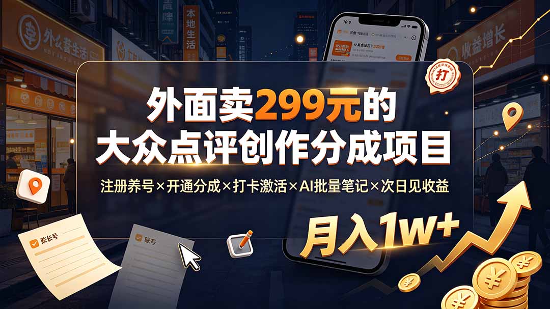 外面卖299元的大众点评创作分成项目:注册养号×开通分成×打卡激活×AI批量笔记×次日见收益,月入1w+力繁信息站-闲云创业网-老谢轻创网-中创网-福缘网-冒泡网-资源之家-魔方项目库力繁信息站
