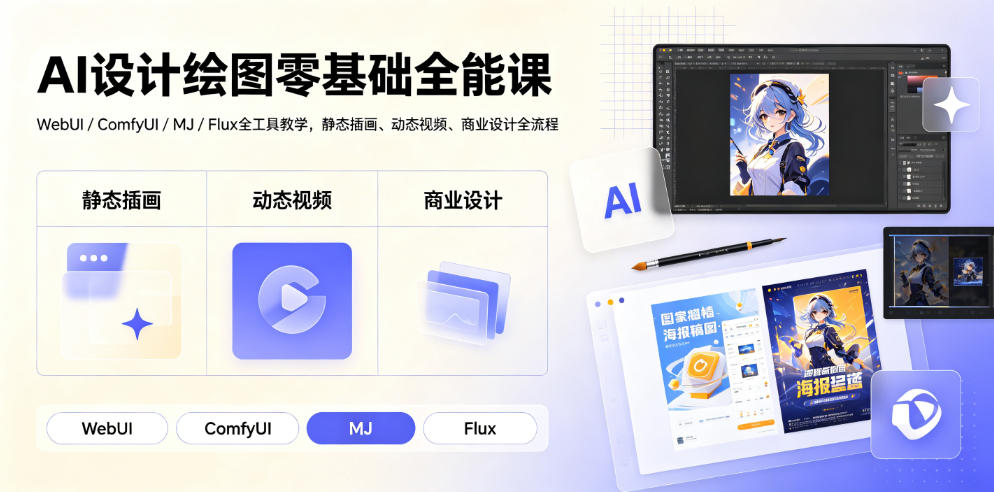 AI设计绘图零基础全能课|WebUI/ComfyUI/MJ/Flux全工具教学,静态插画、动态视频、商业设计全流程力繁信息站-闲云创业网-老谢轻创网-中创网-福缘网-冒泡网-资源之家-魔方项目库力繁信息站