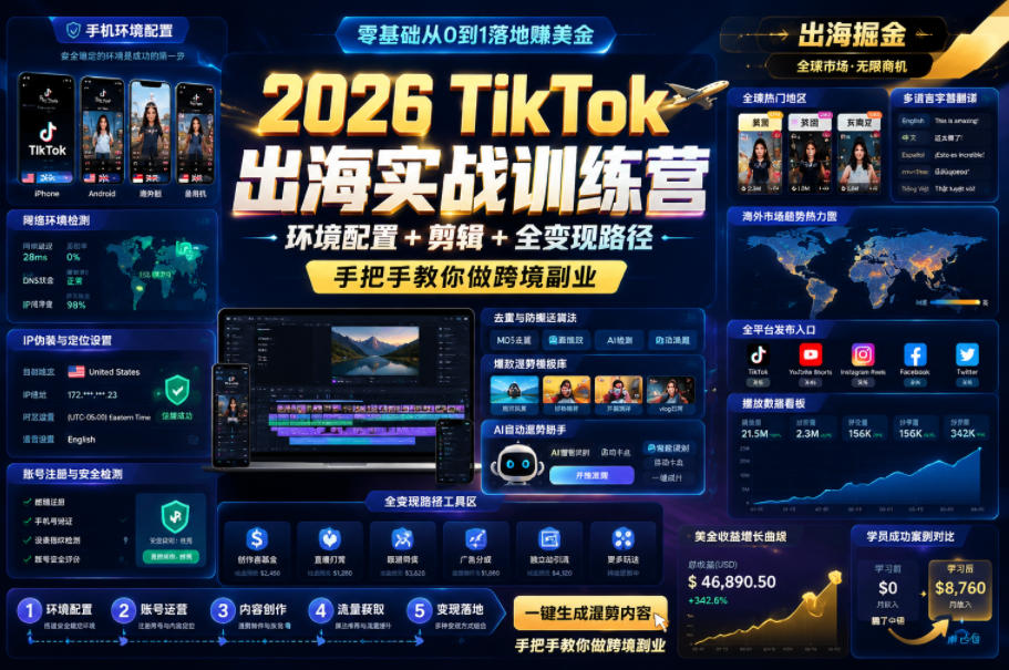 2026 TikTok出海实战训练营,环境配置 + 剪辑 + 全变现路径,手把手教你做跨境副业力繁信息站-闲云创业网-老谢轻创网-中创网-福缘网-冒泡网-资源之家-魔方项目库力繁信息站