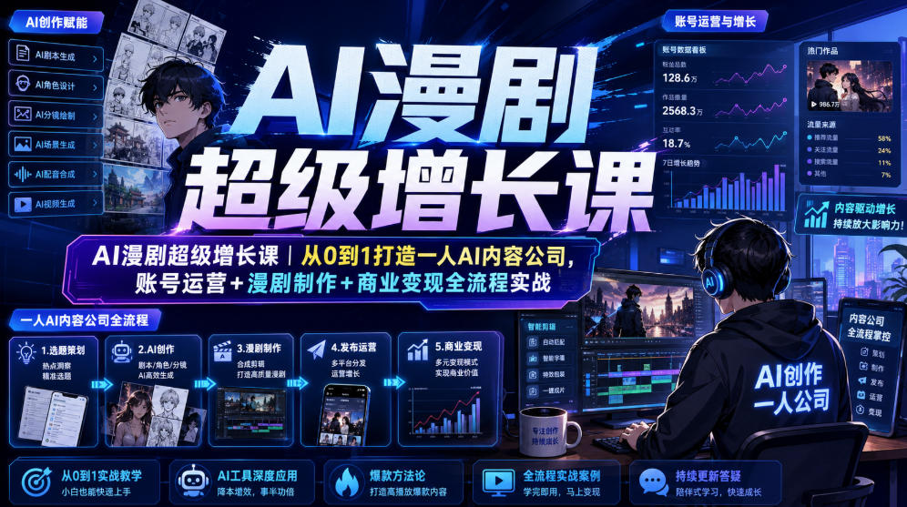 AI漫剧超级增长课|从0到1打造一人AI内容公司,账号运营+漫剧制作+商业变现全流程实战力繁信息站-闲云创业网-老谢轻创网-中创网-福缘网-冒泡网-资源之家-魔方项目库力繁信息站