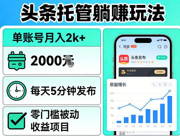 头条托管躺賺玩法，单账号月入2k+，每天5分钟发布即可，零门槛被动收益项目【揭秘】力繁信息站-闲云创业网-老谢轻创网-中创网-福缘网-冒泡网-资源之家-魔方项目库力繁信息站