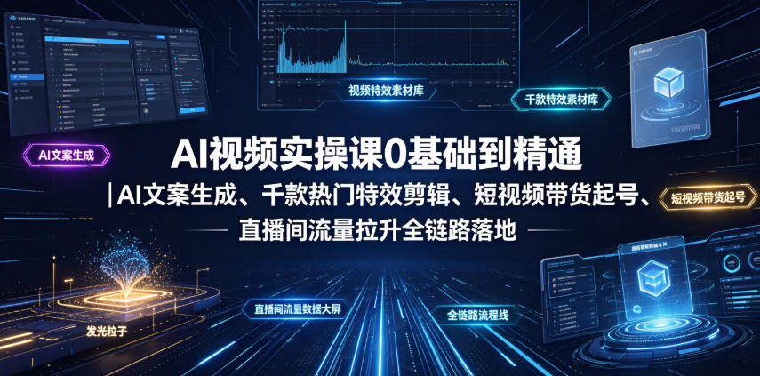 AI视频实操课0基础到精通|AI文案生成、千款热门特效剪辑、短视频带货起号、直播间流量拉升全链路落地力繁信息站-闲云创业网-老谢轻创网-中创网-福缘网-冒泡网-资源之家-魔方项目库力繁信息站