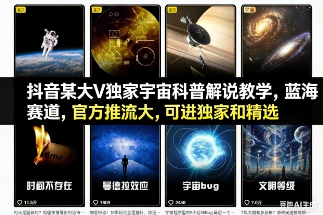 抖音某大V独家宇宙科普解说教学，蓝海赛道，官方推流大，可进独家和精选力繁信息站-闲云创业网-老谢轻创网-中创网-福缘网-冒泡网-资源之家-魔方项目库力繁信息站