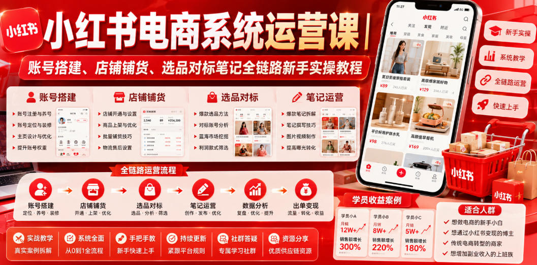 小红书电商系统运营课｜账号搭建、店铺铺货、选品对标笔记全链路新手实操教程力繁信息站-闲云创业网-老谢轻创网-中创网-福缘网-冒泡网-资源之家-魔方项目库力繁信息站