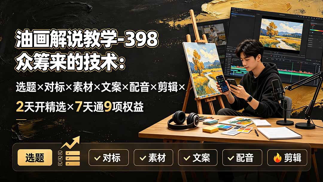 油画解说教学-398众筹来的技术:选题×对标×素材×文案×配音×剪辑×2天开精选×7天通9项权益力繁信息站-闲云创业网-老谢轻创网-中创网-福缘网-冒泡网-资源之家-魔方项目库力繁信息站