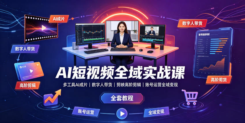 AI短视频全域实战课|多工具AI成片、数字人带货、剪映高阶剪辑、账号运营全域变现全套教程力繁信息站-闲云创业网-老谢轻创网-中创网-福缘网-冒泡网-资源之家-魔方项目库力繁信息站