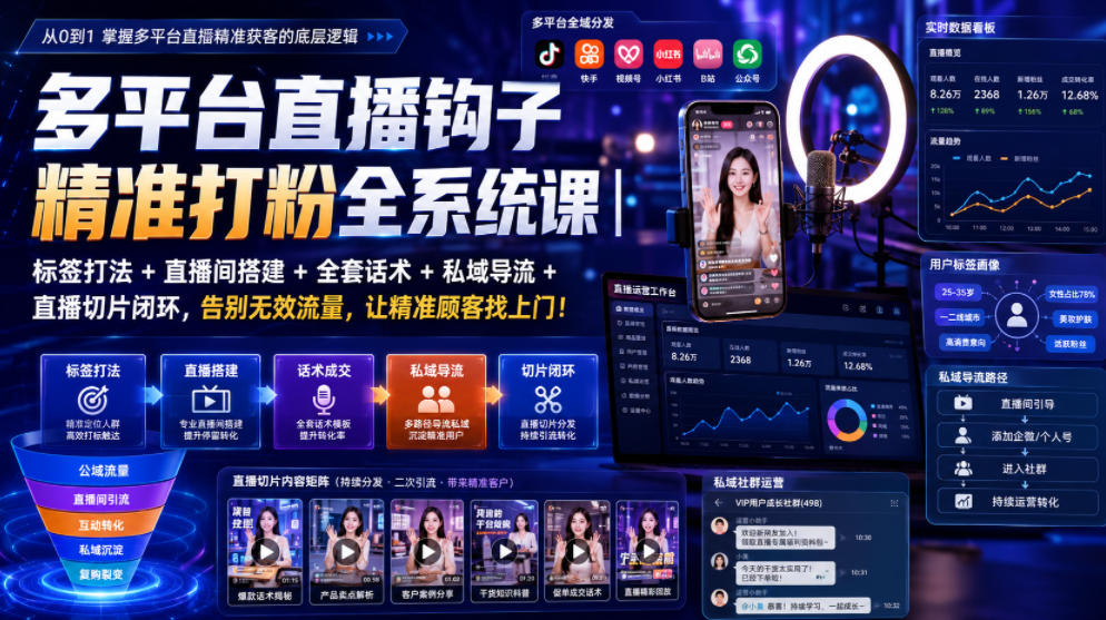 多平台直播钩子精准打粉全系统课｜标签打法+直播间搭建+全套话术+私域导流+直播切片闭环，告别无效流量，让精准顾客找上门！力繁信息站-闲云创业网-老谢轻创网-中创网-福缘网-冒泡网-资源之家-魔方项目库力繁信息站