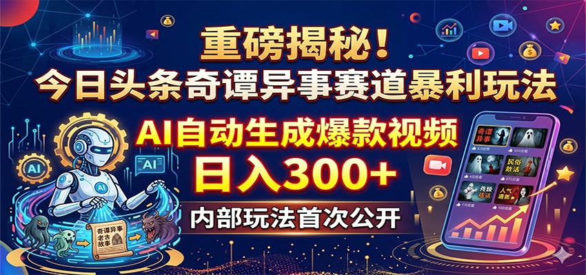 重磅揭秘！今日头条奇谭异事赛道暴利玩法：AI自动生成爆款视频，日入300+力繁信息站-闲云创业网-老谢轻创网-中创网-福缘网-冒泡网-资源之家-魔方项目库力繁信息站