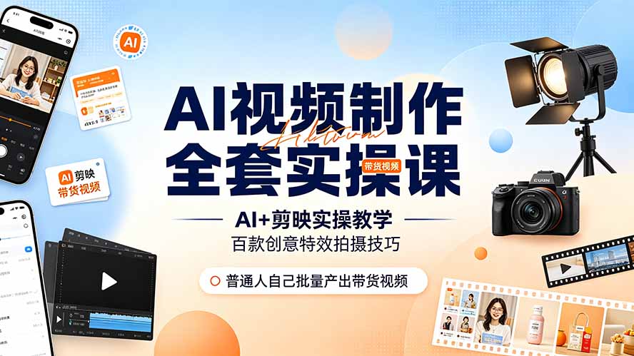 AI视频制作全套实操课，多款AI工具搭配剪映教学，百种特效运镜拍摄实操，抖音账号带货运营全覆盖力繁信息站-闲云创业网-老谢轻创网-中创网-福缘网-冒泡网-资源之家-魔方项目库力繁信息站