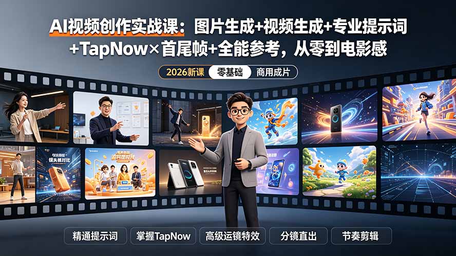 AI视频创作实战课:图片生成+视频生成+专业提示词+TapNow×首尾帧+全能参考,从零到电影感成片力繁信息站-闲云创业网-老谢轻创网-中创网-福缘网-冒泡网-资源之家-魔方项目库力繁信息站