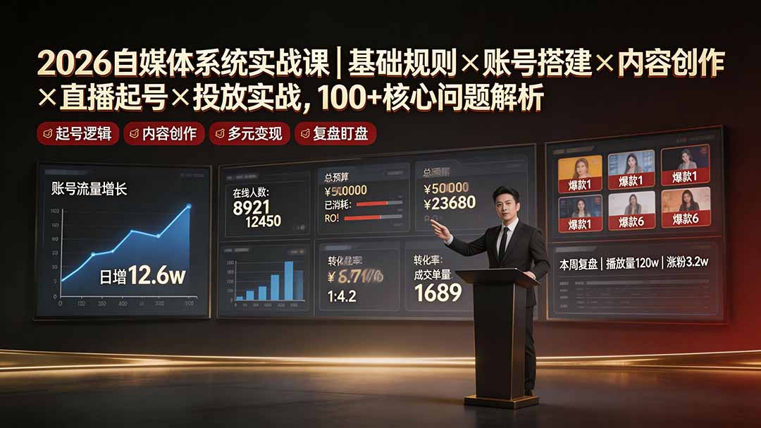 2026自媒体系统实战课|基础规则×账号搭建×内容创作×直播起号×投放实战,100+核心问题解析力繁信息站-闲云创业网-老谢轻创网-中创网-福缘网-冒泡网-资源之家-魔方项目库力繁信息站