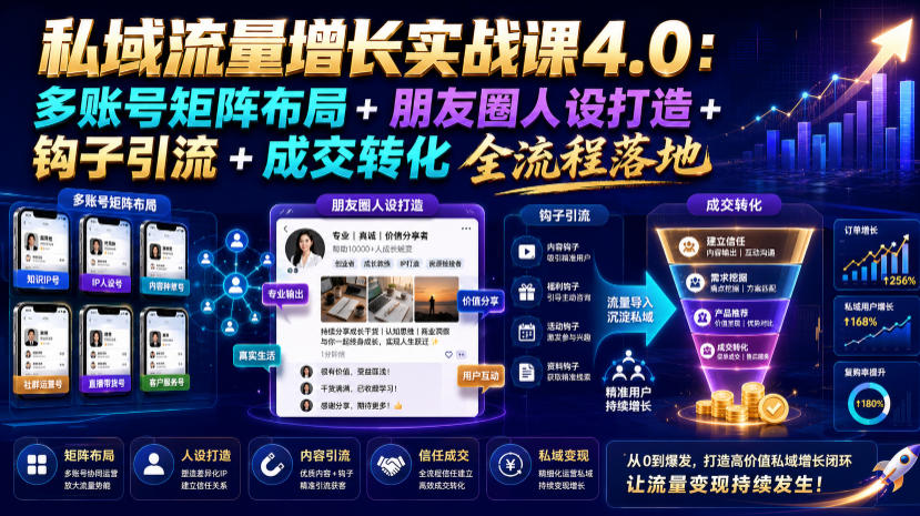 私域流量增长实战课4.0：多账号矩阵布局+朋友圈人设打造+钩子引流+成交转化全流程落地力繁信息站-闲云创业网-老谢轻创网-中创网-福缘网-冒泡网-资源之家-魔方项目库力繁信息站