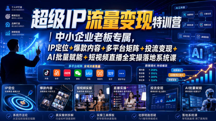 超级IP流量变现特训营|中小企业老板专属,IP定位+爆款内容+多平台矩阵+投流变现+AI批量赋能+短视频直播全实操落地系统课力繁信息站-闲云创业网-老谢轻创网-中创网-福缘网-冒泡网-资源之家-魔方项目库力繁信息站