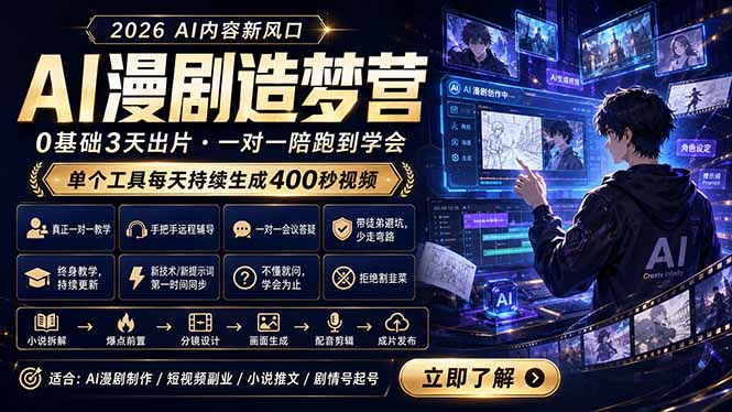AI漫剧造梦营:0基础3天出片,单个工具每天持续生成400秒视频力繁信息站-闲云创业网-老谢轻创网-中创网-福缘网-冒泡网-资源之家-魔方项目库力繁信息站