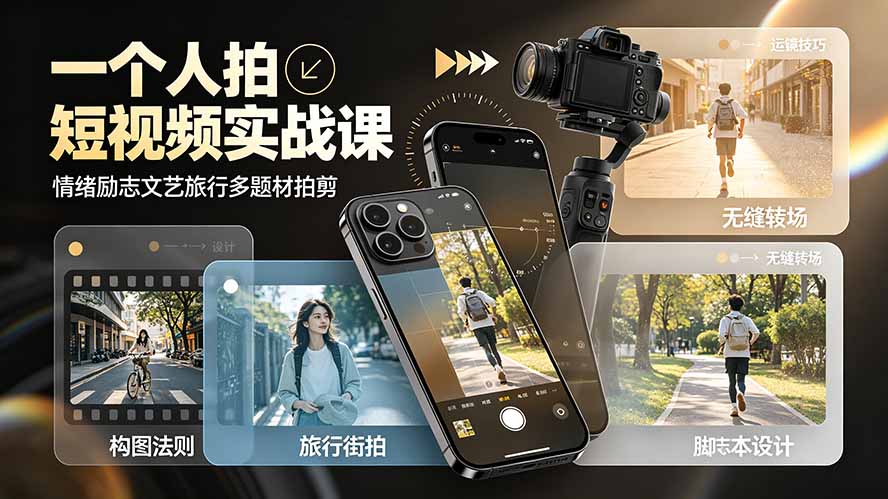 一个人拍短视频实战课:情绪励志文艺旅行多题材×五大景别×黄金构图×八大运镜,从拍摄到成片高效创作力繁信息站-闲云创业网-老谢轻创网-中创网-福缘网-冒泡网-资源之家-魔方项目库力繁信息站
