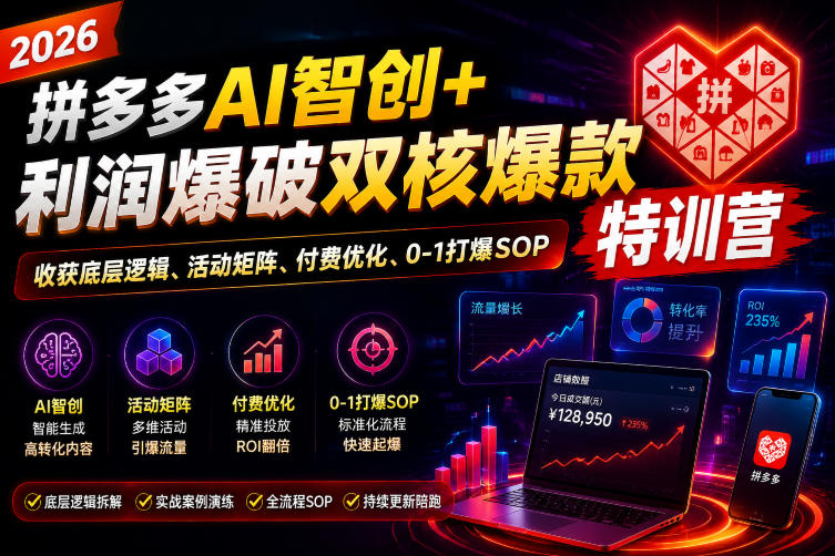 2026拼多多AI智创+利润爆破双核爆款特训营,收获底层逻辑、活动矩阵、付费优化、0-1打爆SOP力繁信息站-闲云创业网-老谢轻创网-中创网-福缘网-冒泡网-资源之家-魔方项目库力繁信息站