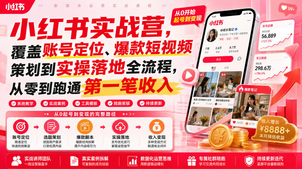 小红书实战营,覆盖账号定位、爆款短视频策划到实操落地全流程,从零到跑通第一笔收入力繁信息站-闲云创业网-老谢轻创网-中创网-福缘网-冒泡网-资源之家-魔方项目库力繁信息站