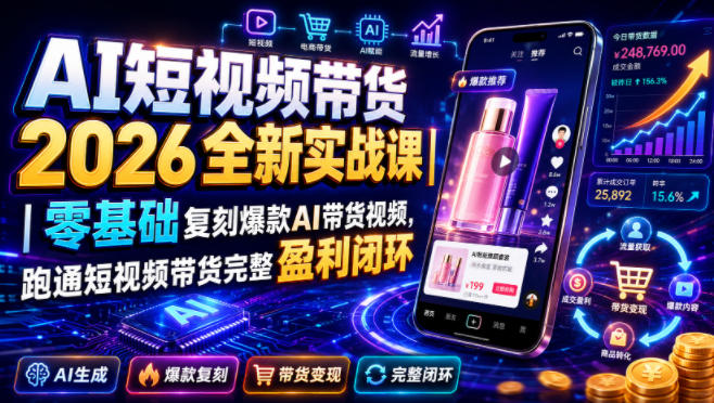 AI短视频带货2026全新实战课|零基础复刻爆款AI带货视频,跑通短视频带货完整盈利闭环力繁信息站-闲云创业网-老谢轻创网-中创网-福缘网-冒泡网-资源之家-魔方项目库力繁信息站