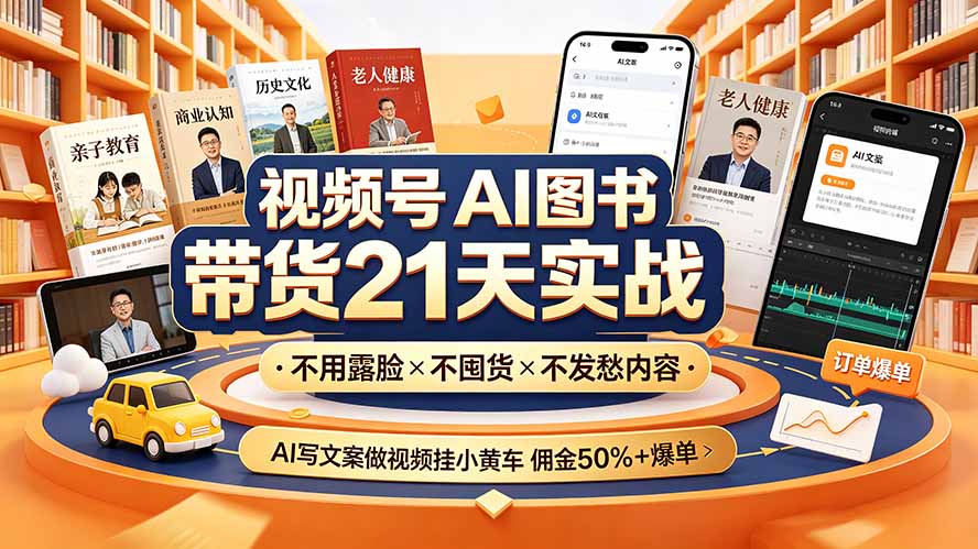 视频号AI图书带货21天实战:不用露脸×不囤货×不发愁内容,AI写文案做视频挂小黄车,佣金50%+爆单力繁信息站-闲云创业网-老谢轻创网-中创网-福缘网-冒泡网-资源之家-魔方项目库力繁信息站