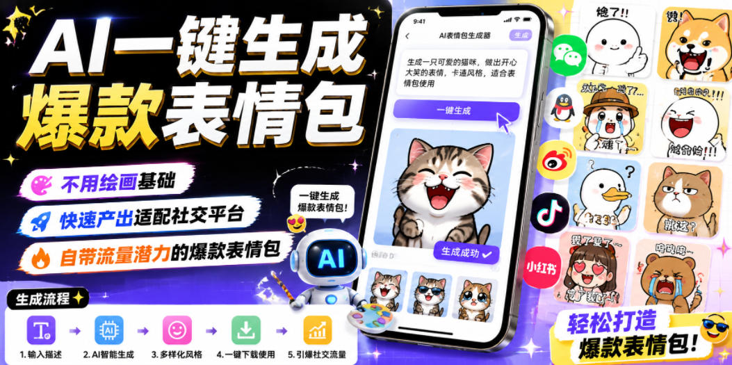 AI一键生成爆款表情包,不用绘画基础,快速产出适配社交平台,自带流量潜力的爆款表情包力繁信息站-闲云创业网-老谢轻创网-中创网-福缘网-冒泡网-资源之家-魔方项目库力繁信息站