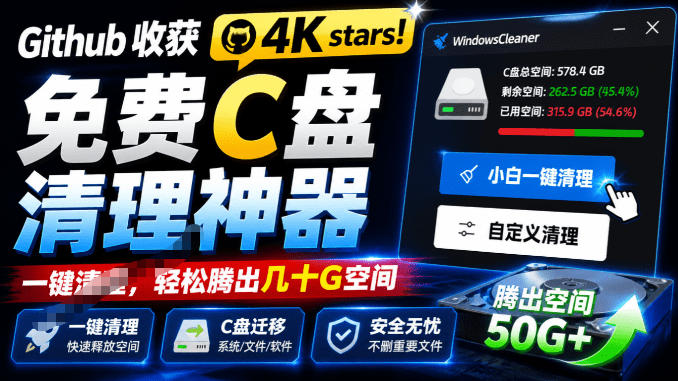 Github收获4K stars!免费C盘清理神器,轻松腾出几十G空间,支持C盘迁移Windows Cleaner力繁信息站-闲云创业网-老谢轻创网-中创网-福缘网-冒泡网-资源之家-魔方项目库力繁信息站