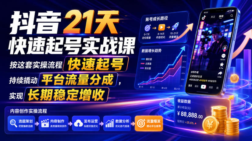 抖音21天快速起号实战课,按这套实操流程快速起号,持续撬动平台流量分成,实现长期稳定增收力繁信息站-闲云创业网-老谢轻创网-中创网-福缘网-冒泡网-资源之家-魔方项目库力繁信息站