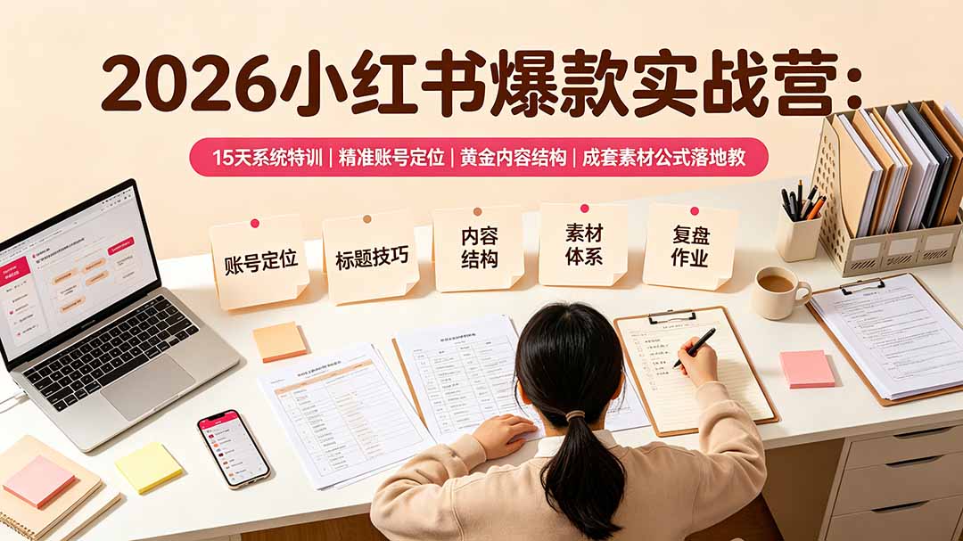 2026小红书爆款实战营:15天系统特训|精准账号定位|黄金内容结构|成套素材公式落地教程力繁信息站-闲云创业网-老谢轻创网-中创网-福缘网-冒泡网-资源之家-魔方项目库力繁信息站