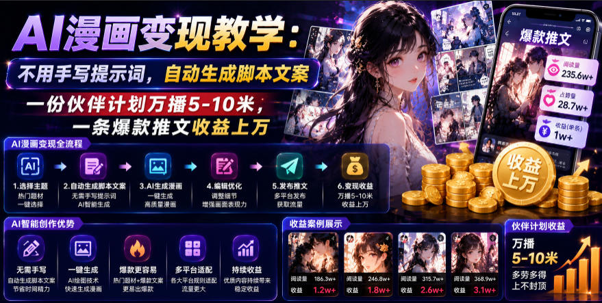 AI漫画变现教学:不用手写提示词,自动生成脚本文案,一份伙伴计划万播5-10米,一条爆款推文收益上W力繁信息站-闲云创业网-老谢轻创网-中创网-福缘网-冒泡网-资源之家-魔方项目库力繁信息站