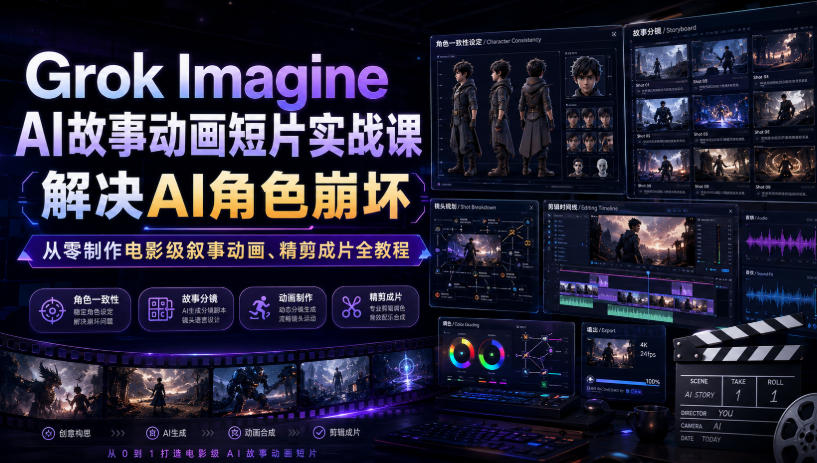 Grok Imagine AI故事动画短片实战课|解决AI角色崩坏,从零制作电影级叙事动画、精剪成片全教程(中英字幕)力繁信息站-闲云创业网-老谢轻创网-中创网-福缘网-冒泡网-资源之家-魔方项目库力繁信息站