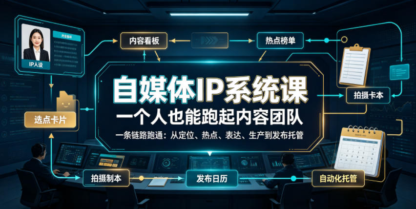 自媒体IP系统课,一个人也能跑起内容团队,一条链路跑通,从定位、热点、表达、生产到发布托管力繁信息站-闲云创业网-老谢轻创网-中创网-福缘网-冒泡网-资源之家-魔方项目库力繁信息站