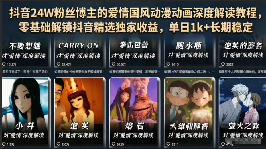 抖音24W粉丝博主的爱情国风动漫动画深度解读教程,零基础解锁抖音精选独家收益,单日1k+长期稳定力繁信息站-闲云创业网-老谢轻创网-中创网-福缘网-冒泡网-资源之家-魔方项目库力繁信息站