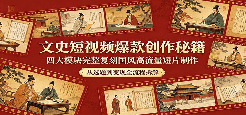 文史短视频爆款创作秘籍：四大模块完整复刻国风高流量短片制作力繁信息站-闲云创业网-老谢轻创网-中创网-福缘网-冒泡网-资源之家-魔方项目库力繁信息站