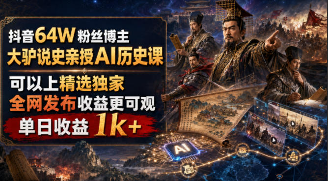 抖音64W粉丝博主大驴说史亲授AI历史课,可以上精选独家,全网发布收益更可观,单日收益1k+力繁信息站-闲云创业网-老谢轻创网-中创网-福缘网-冒泡网-资源之家-魔方项目库力繁信息站