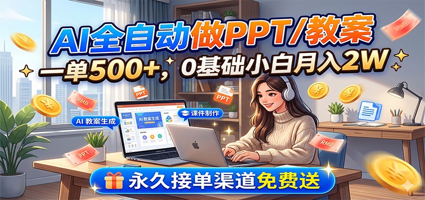 AI全自动做PPT/教案，一单500+，0基础小白月入2W，永久接单渠道免费送力繁信息站-闲云创业网-老谢轻创网-中创网-福缘网-冒泡网-资源之家-魔方项目库力繁信息站