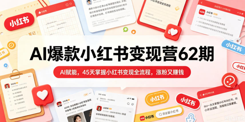 AI爆款小红书变现营62期2026年5月,AI赋能,45天掌握小红书变现全流程,涨粉又賺钱力繁信息站-闲云创业网-老谢轻创网-中创网-福缘网-冒泡网-资源之家-魔方项目库力繁信息站