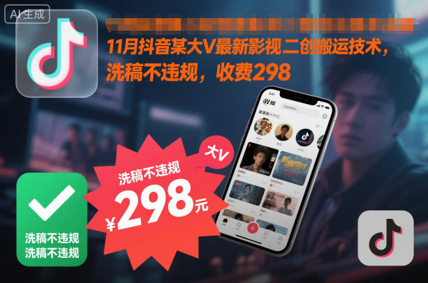 11月抖音某大V最新影视二创搬运技术，洗稿不违规，收费298力繁信息站-闲云创业网-老谢轻创网-中创网-福缘网-冒泡网-资源之家-魔方项目库力繁信息站
