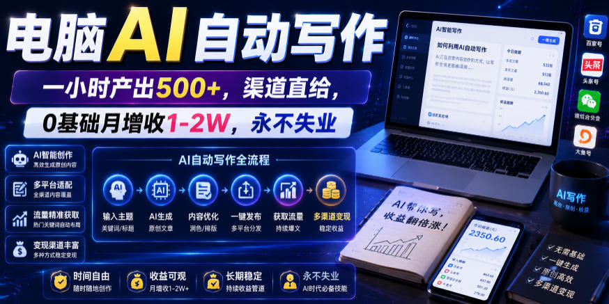 电脑AI自动写作,一小时产出500+,渠道直给,0基础月增收1-2W,永不失业【揭秘】力繁信息站-闲云创业网-老谢轻创网-中创网-福缘网-冒泡网-资源之家-魔方项目库力繁信息站