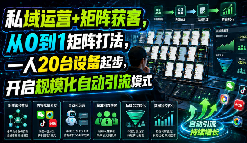 私域运营+矩阵获客,从0到1矩阵打法,一人20台设备起步,开启规模化自动引流模式!力繁信息站-闲云创业网-老谢轻创网-中创网-福缘网-冒泡网-资源之家-魔方项目库力繁信息站