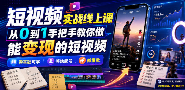 短视频实战线上课，从0到1手把手教你做能变现的短视频，零基础可学，落地起号做爆款力繁信息站-闲云创业网-老谢轻创网-中创网-福缘网-冒泡网-资源之家-魔方项目库力繁信息站