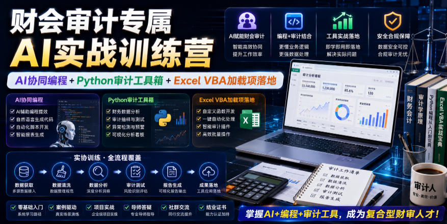 财会审计专属AI实战训练营｜AI协同编程+Python审计工具箱+Excel VBA加载项落地力繁信息站-闲云创业网-老谢轻创网-中创网-福缘网-冒泡网-资源之家-魔方项目库力繁信息站