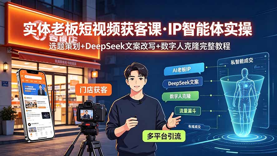 实体老板短视频获客课·IP智能体实操|选题策划+DeepSeek文案改写+数字人克隆完整教程力繁信息站-闲云创业网-老谢轻创网-中创网-福缘网-冒泡网-资源之家-魔方项目库力繁信息站